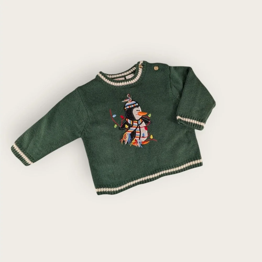 BT Kids Green Penguin Holiday Sweater 6-9 Months Christmas Embroidered Knit